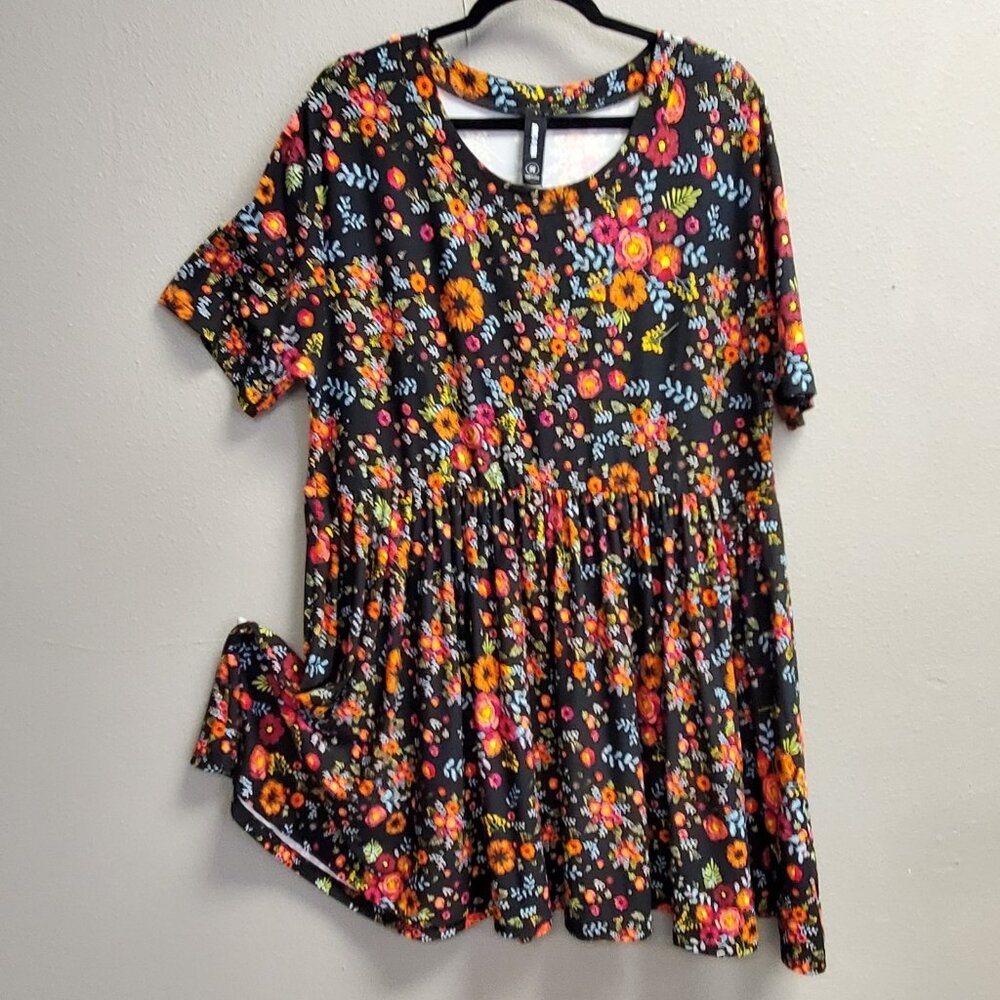 Agnes & Dora Dress Womens XL Black Floral Babydoll Tunic Short Sleeve Flowy